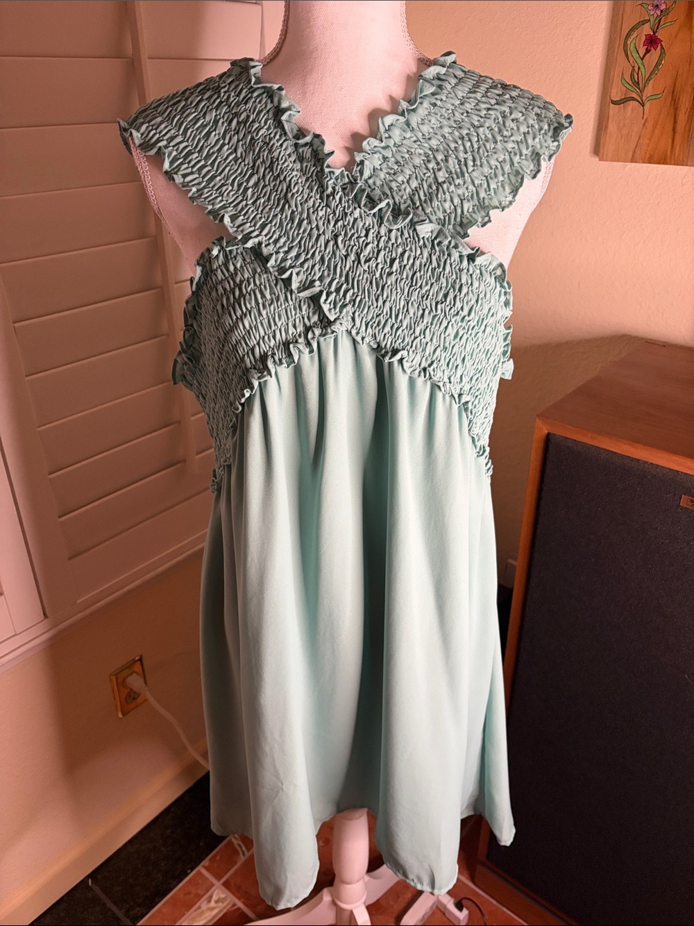 🩵👗Entro Aqua Polyester Tunic Dress W/Smocked Wide Criss Cross Straps Size L
